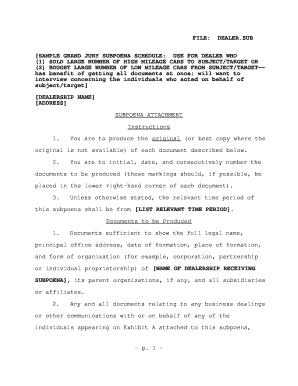 SAMPLE GRAND JURY SUBPOENA SCHEDULE USE for DEALER WHO  Form