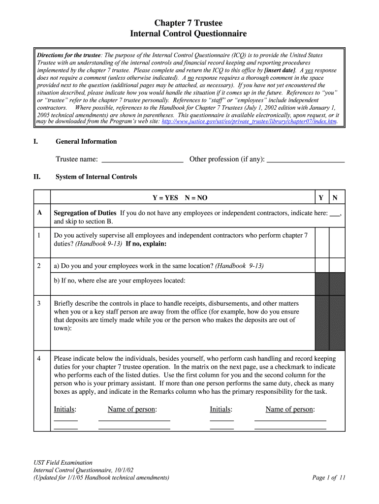 Internal Control Questionnaire Internal Control Questionnaire Justice  Form