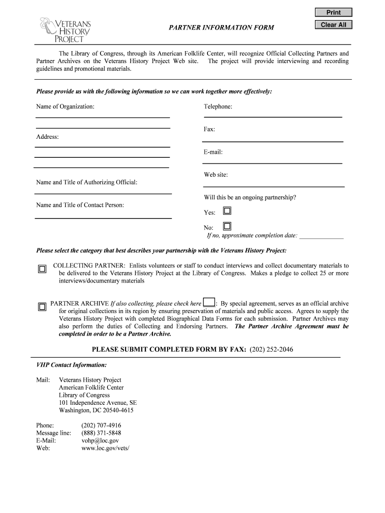 PARTNER INFORMATION FORM PLEASE Library of Congress Loc