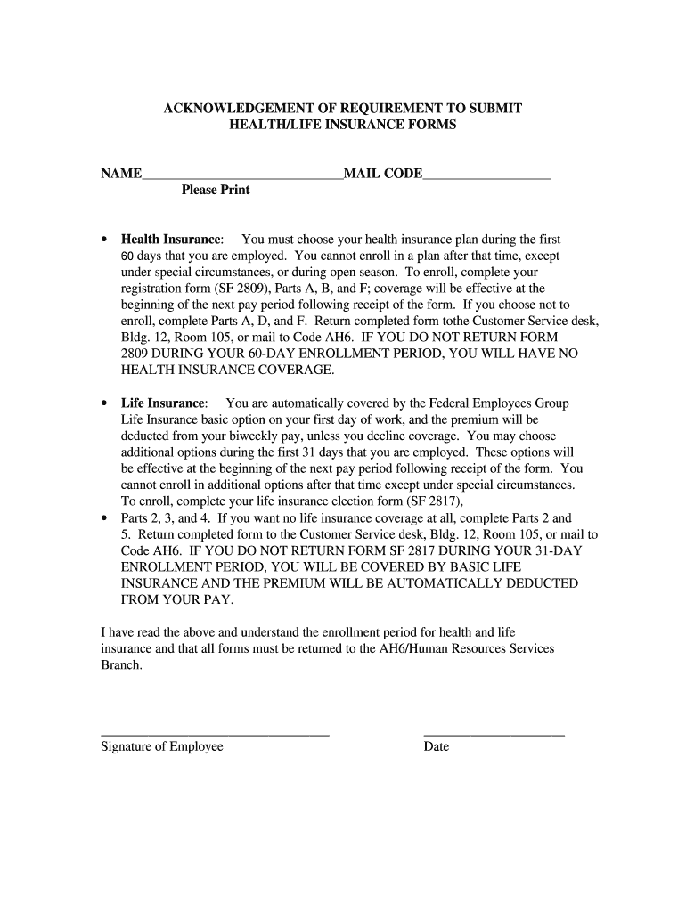 Acknowledgement of Requirement to Submit Healthlife Insurance  Form