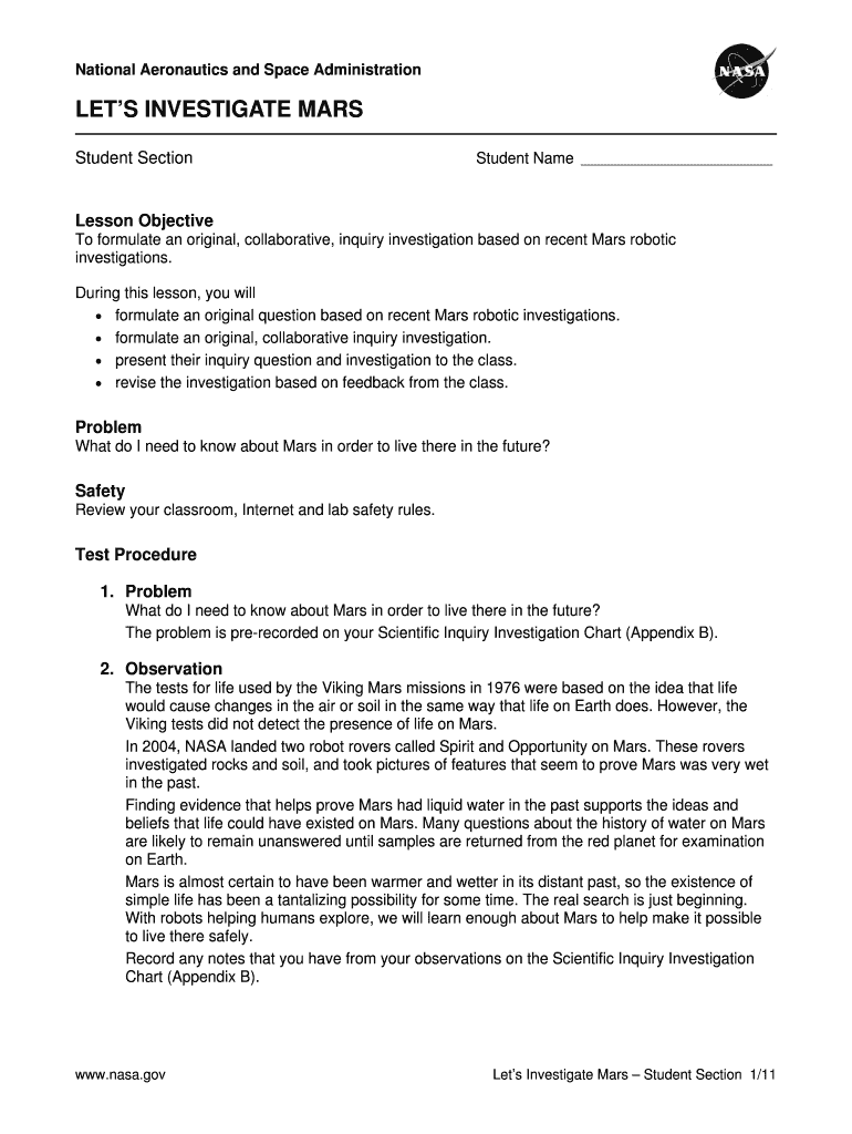 LET&#039;S INVESTIGATE MARS Student Section Hands on Activity Guide for 3 5 Grade Students About What We Need to Know About Mars  Form