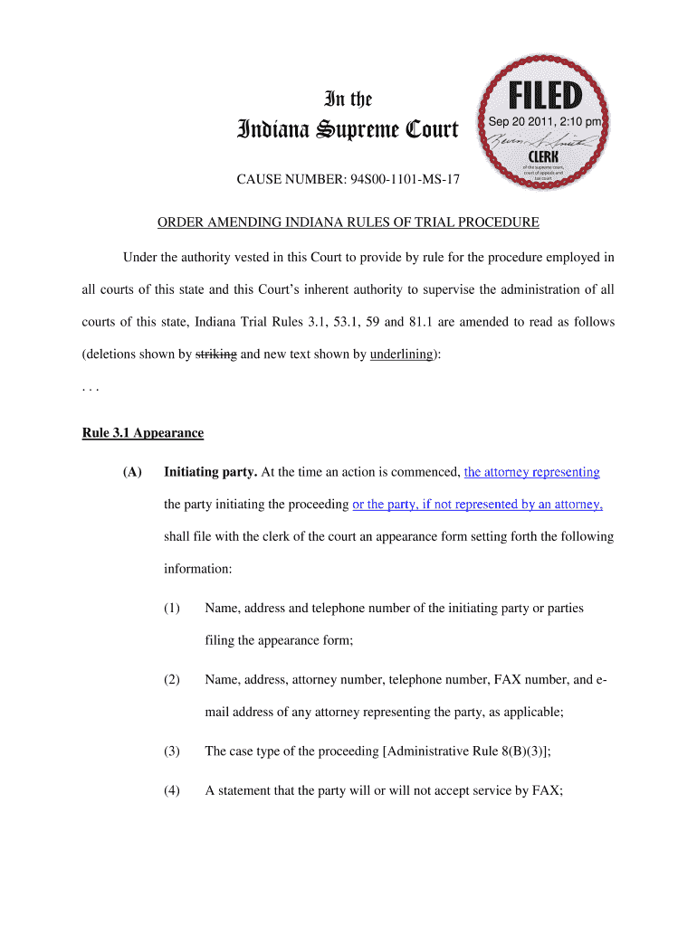 In the Indiana Supreme Court FILED Sep 20 , 210 Pm CLERK CAUSE NUMBER 94S00 1101 MS 17 of the Supreme Court, Court of Appeals an  Form