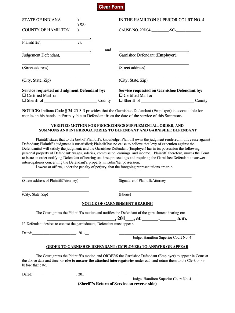 Motion for Proceedings Supplemental Indiana Form