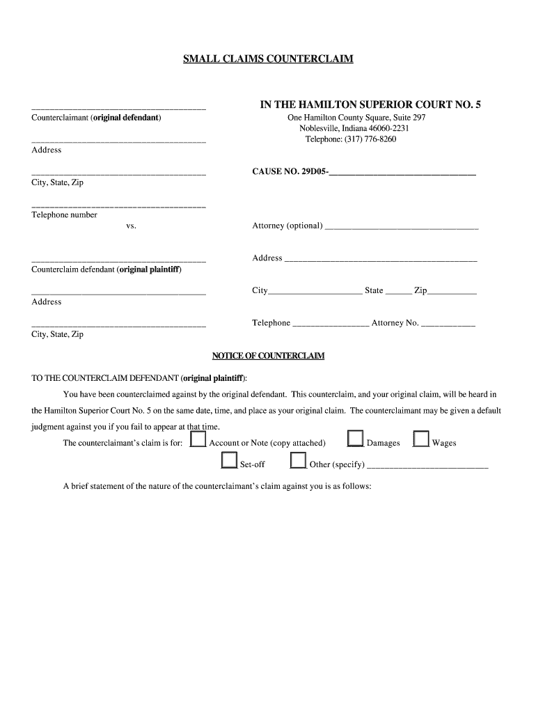 Small Claims Counterclaim Form Brazil Indiana