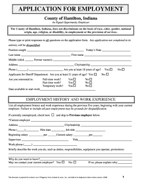 Application for Employment Hamilton County, Indiana State of Hamiltoncounty in  Form