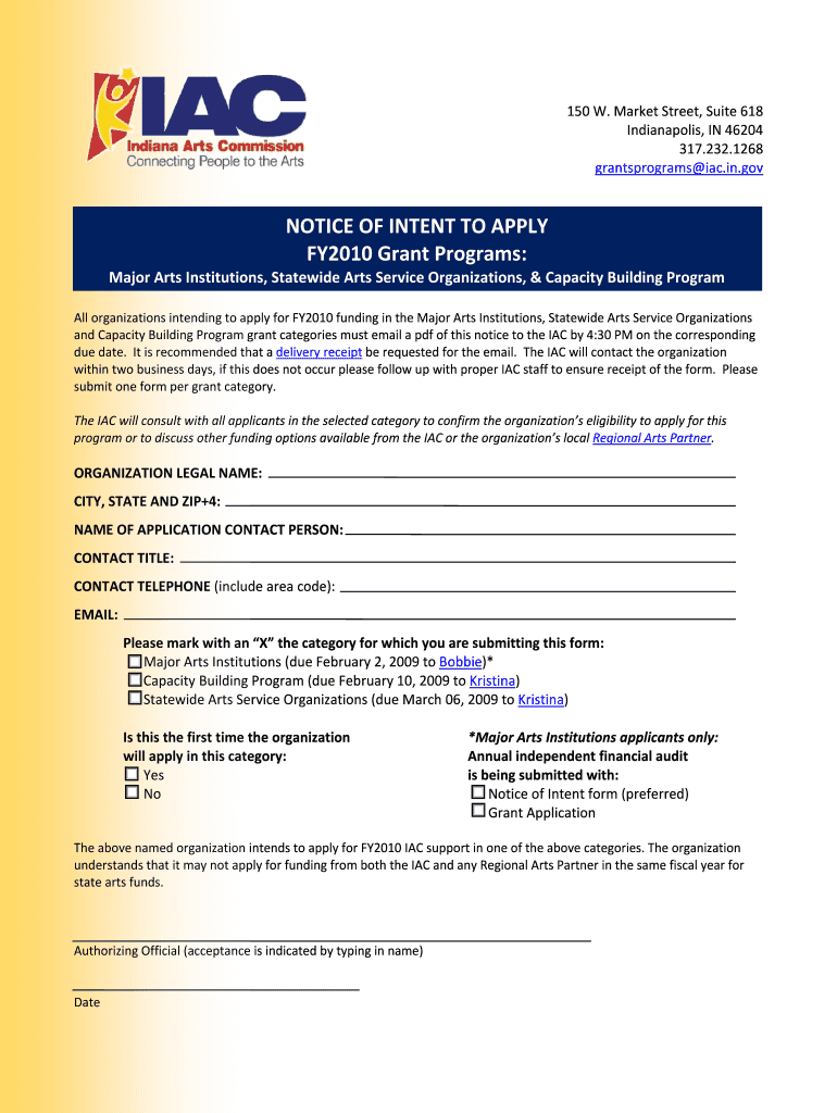 NOTICE of INTENT to APPLY FY2010 Grant Programs in  Form