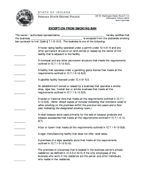 Smoking Ban Exception Form State of Indiana