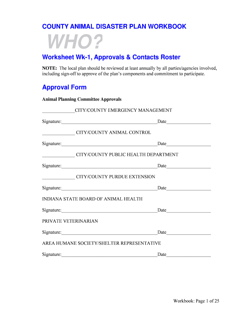 COUNTY ANIMAL DISASTER PLAN WORKBOOK Worksheet Wk 1  Form