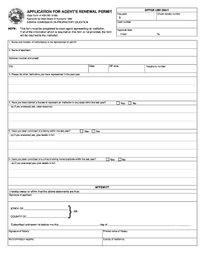 APPLICATION for AGENT&#039;S RENEWAL PERMIT State of Indiana in  Form