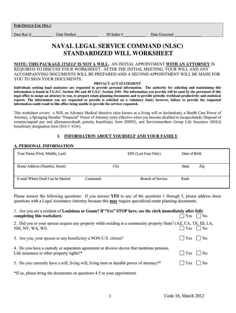  Naval Legal Service Command Standardized Will Worksheet Form 2014