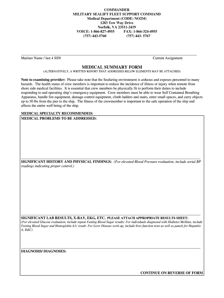  Military Sealift Command Medical Summary Form 2007-2024