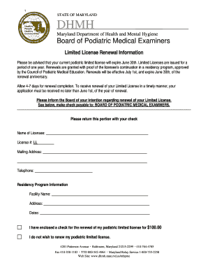 Limited License Renewal Form DHMH Dhmh Maryland