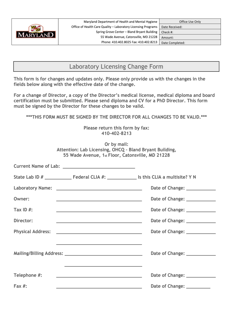 Maryland Laboratory Licensing Change Form