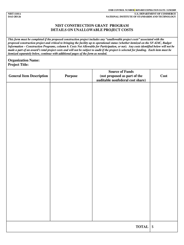 NIST 1101A Construction Details on Unallowable Project Costs DOC  Form