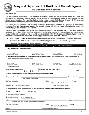 Maryland Worksheet Live Birth Certificate  Form