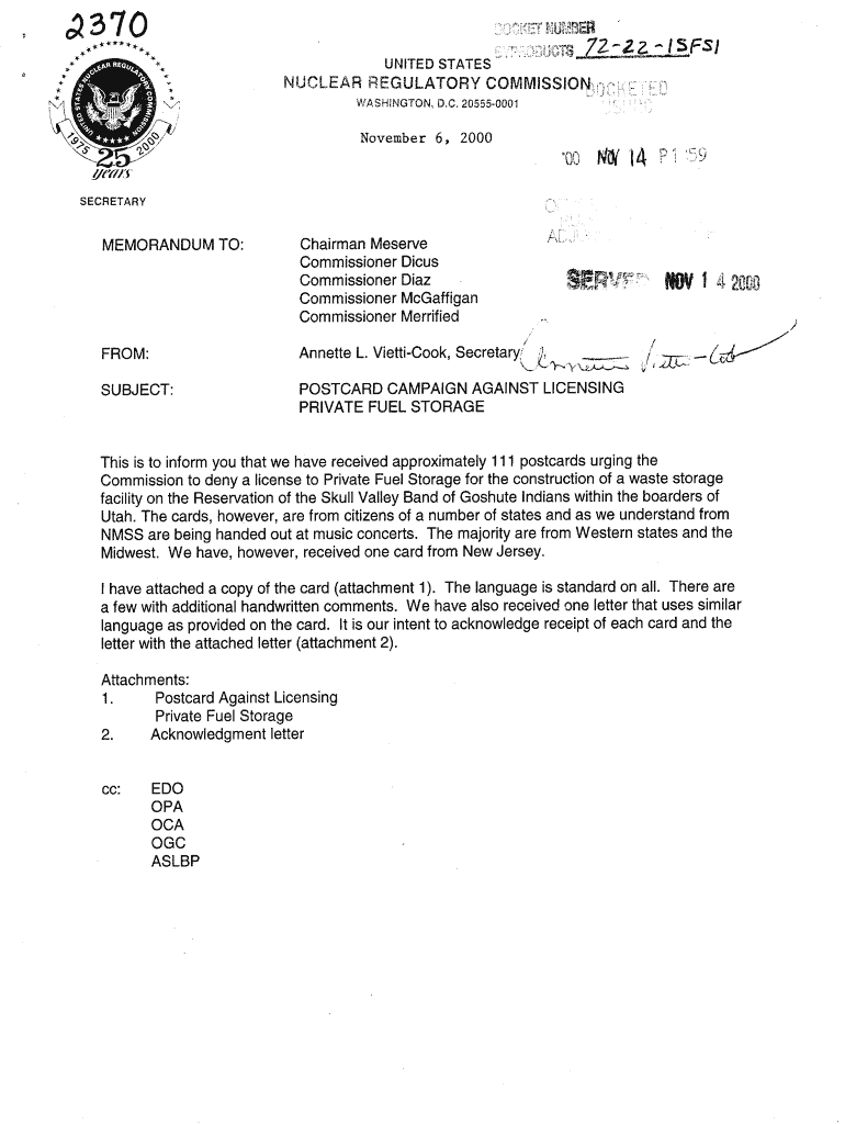 20001106 SECY Memorandum to Commission Re Postcard Campaign Against Licensing Private Fuel Storage Pbadupws Nrc  Form