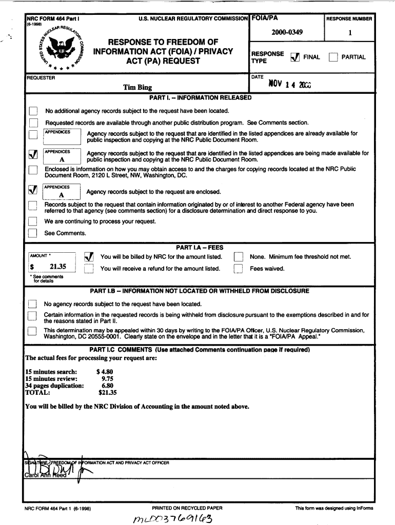 NUCLEAR REGULATORY COMMISSIONI FOIAPA RESPONSE NUMBER 0349 1 RESPONSE to DOM of INFORMATION ACT FOIA PRIVACY ACT PA REQUEST REQU