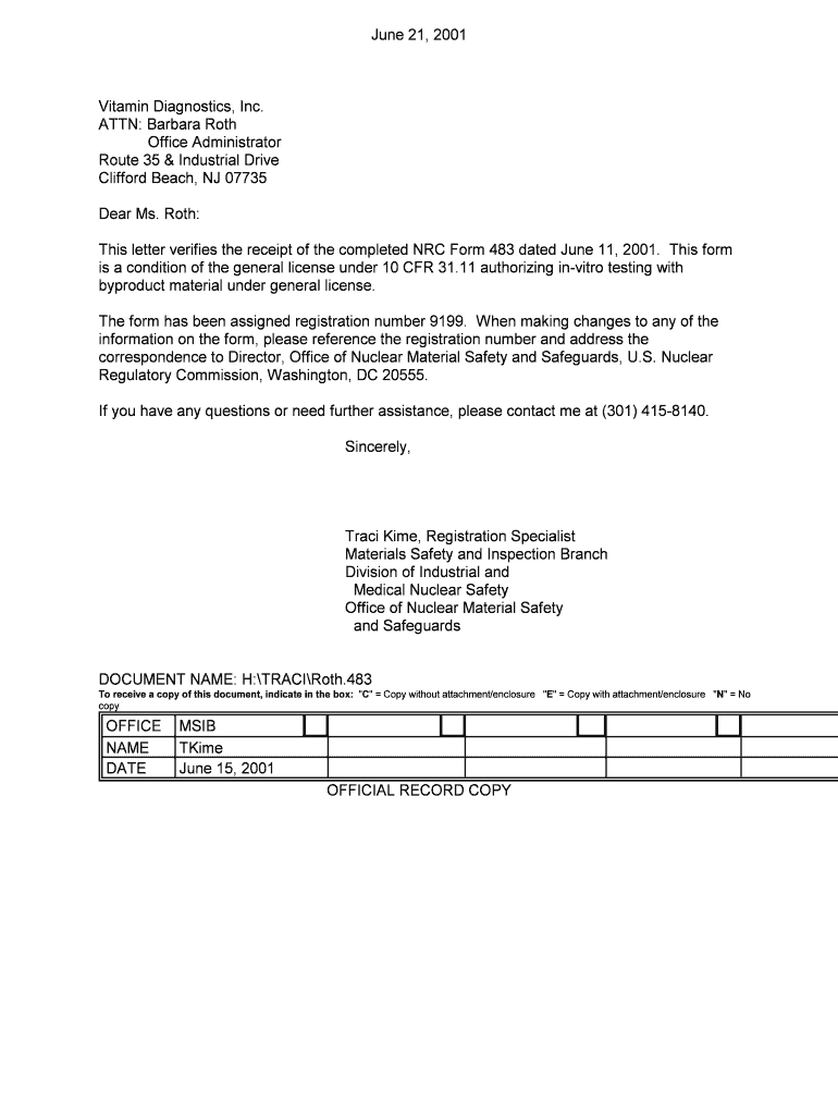 Letter to Vitamin Diagnostics, Inc &#039;s NRC Form 483 Registration Pbadupws Nrc