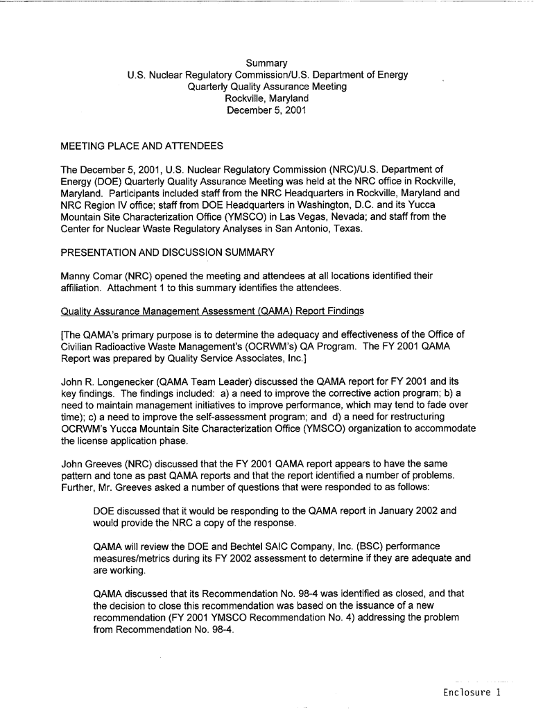 Enclosures to Meeting Summaries for the December 5, , Quality Assurance and Key Technical Issue Status Management Meetings  Form