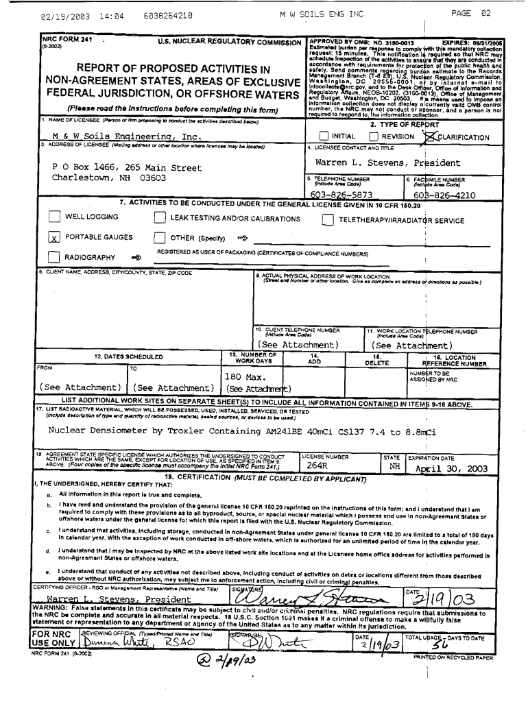 M&amp;W Soils Engineering, Inc , NRC Form 241, Clarification, Various Pbadupws Nrc