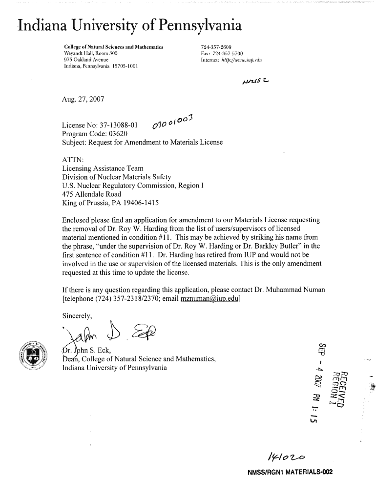 Indiana University of Pennsylvania, Amendment Request Letter Dtd 8272007 Pbadupws Nrc  Form