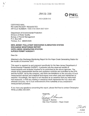 Hope Creek New Jersey Pollutant Discharge Elimination System, Discharge Monitoring Report, Permit NJ0025411 Pbadupws Nrc  Form