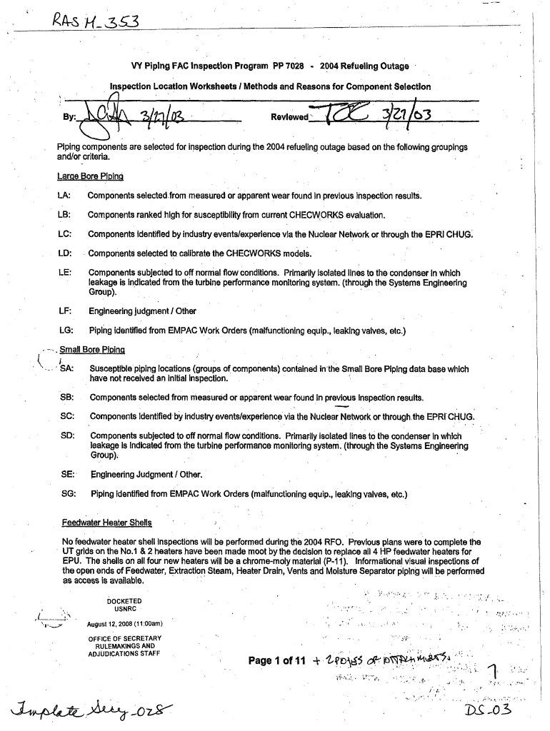 0327 Vermont Yankee July Evidentiary Hearing Applicant Exhibit E4 40 VY, VY FAC Inspection Location Worksheet RFO Pbadupws Nrc  Form