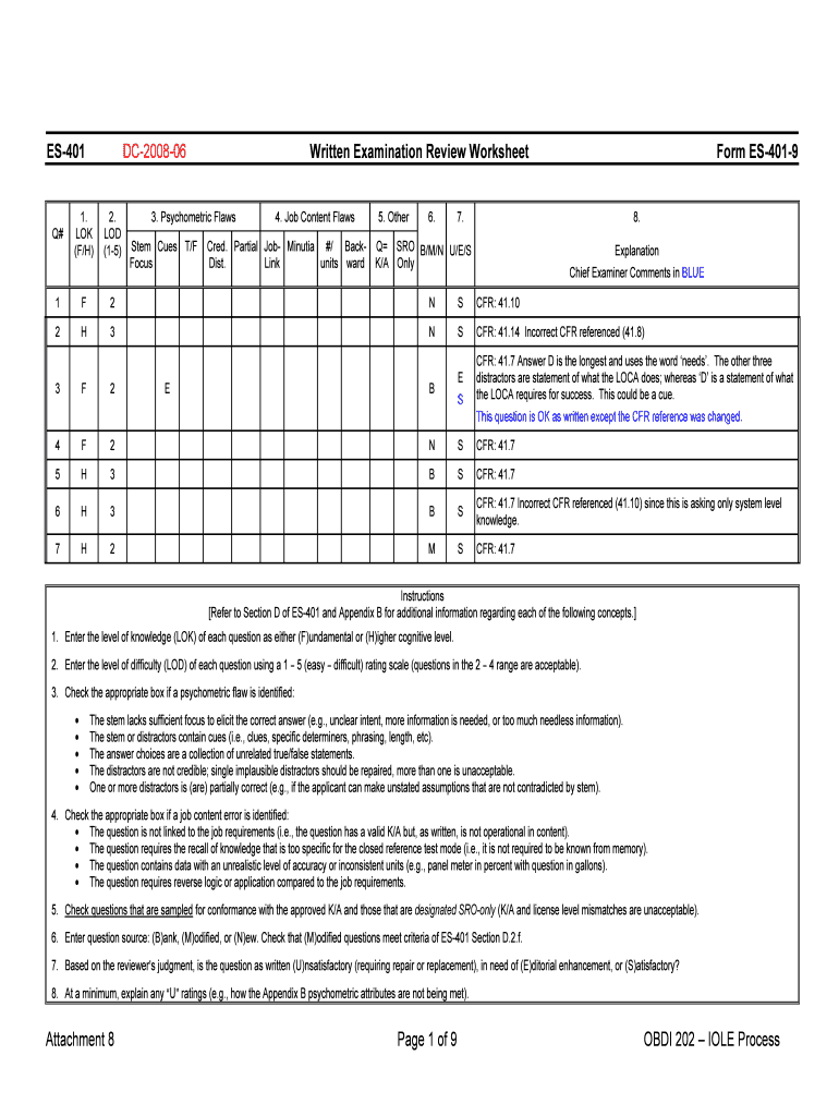 ES 401 DC 06 Written Examination Review Worksheet Form Pbadupws Nrc