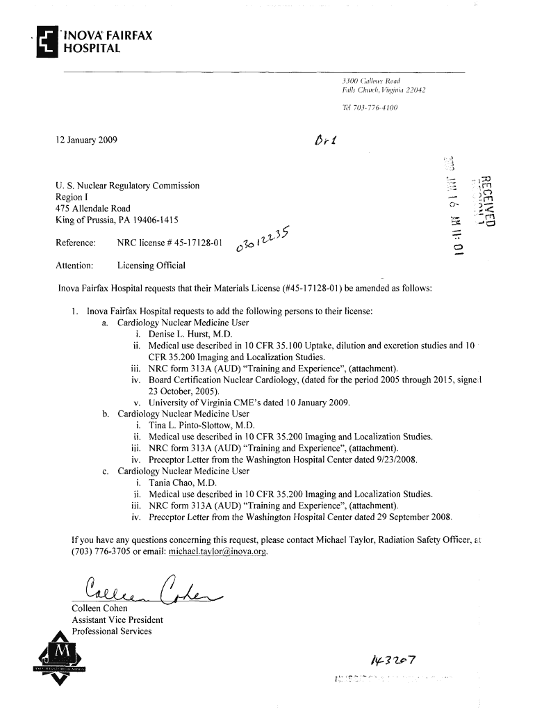 Inova Fairfax Hospital, Amendment Request Letter Dtd 0112   Pbadupws Nrc  Form