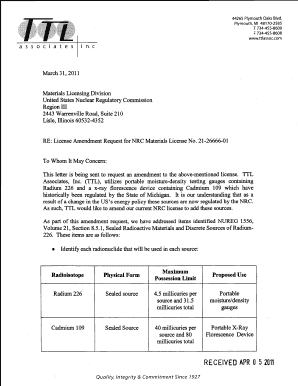 0331 TTL Associates , Inc &#039;s Request to Amend License No Pbadupws Nrc  Form