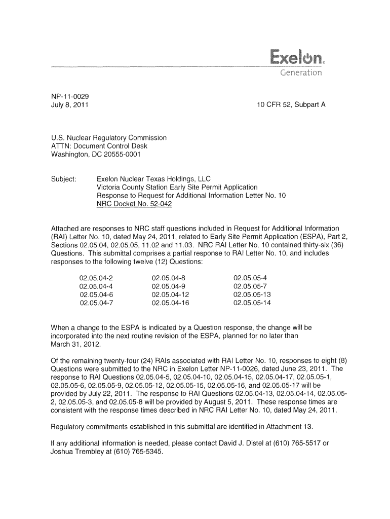 Victoria County Station Early Site Permit Application , Response to Pbadupws Nrc  Form