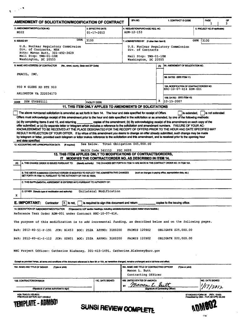 Modification No 022 to Task Order No ADM 001 under Contract No Pbadupws Nrc  Form