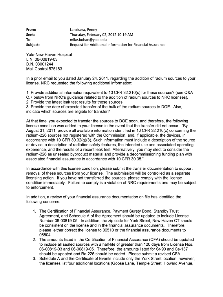 Yale New Haven Hospital, E Mail Dated 0202 Re Request for Additional Information for Financial Assurance Pbadupws Nrc