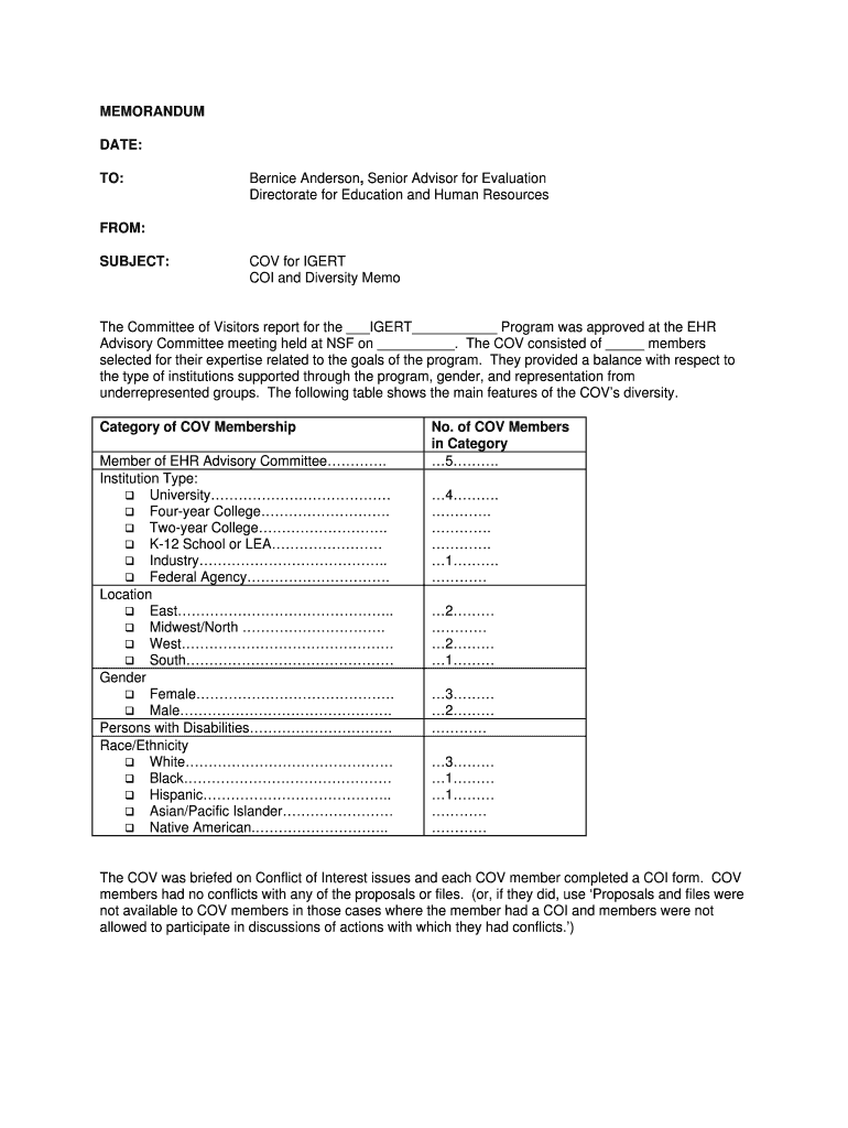 MEMORANDUM DATE to Bernice Anderson, Senior Advisor for  Form