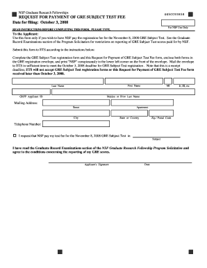 REQUEST for PAYMENT of GRE SUBJECT TEST FEE Date for Filing October 3, Nsf  Form