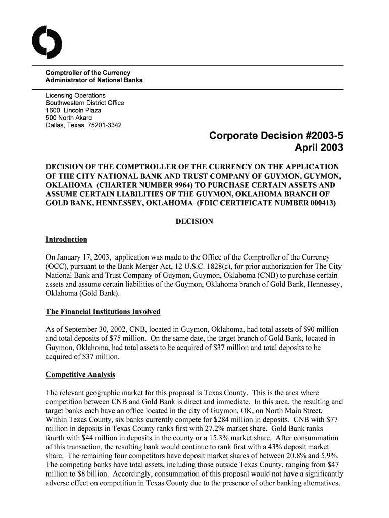 Corporate Decision 5 City National Bank and Trust Company of Guymon, Guymon, Oklahoma Occ  Form