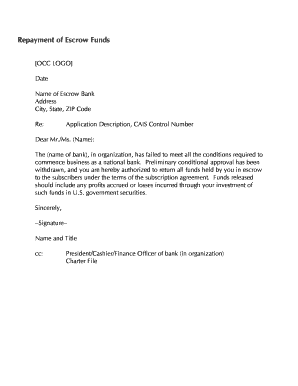 Repayment of Escrow Funds Occ  Form