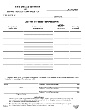 Maryland Wills List of Interested Persons Form
