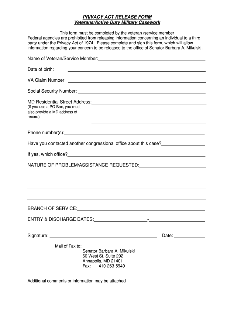 Barbara Mikulski Privacy Release Form