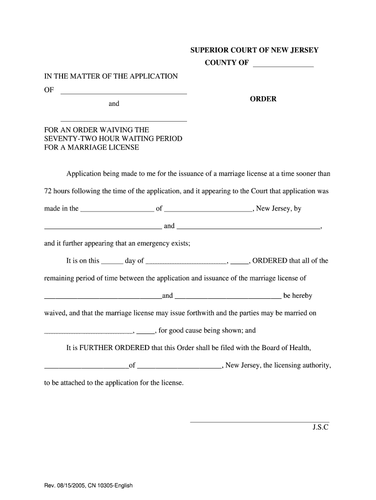 72 Hour Waiver Form for Marriage New Jersey