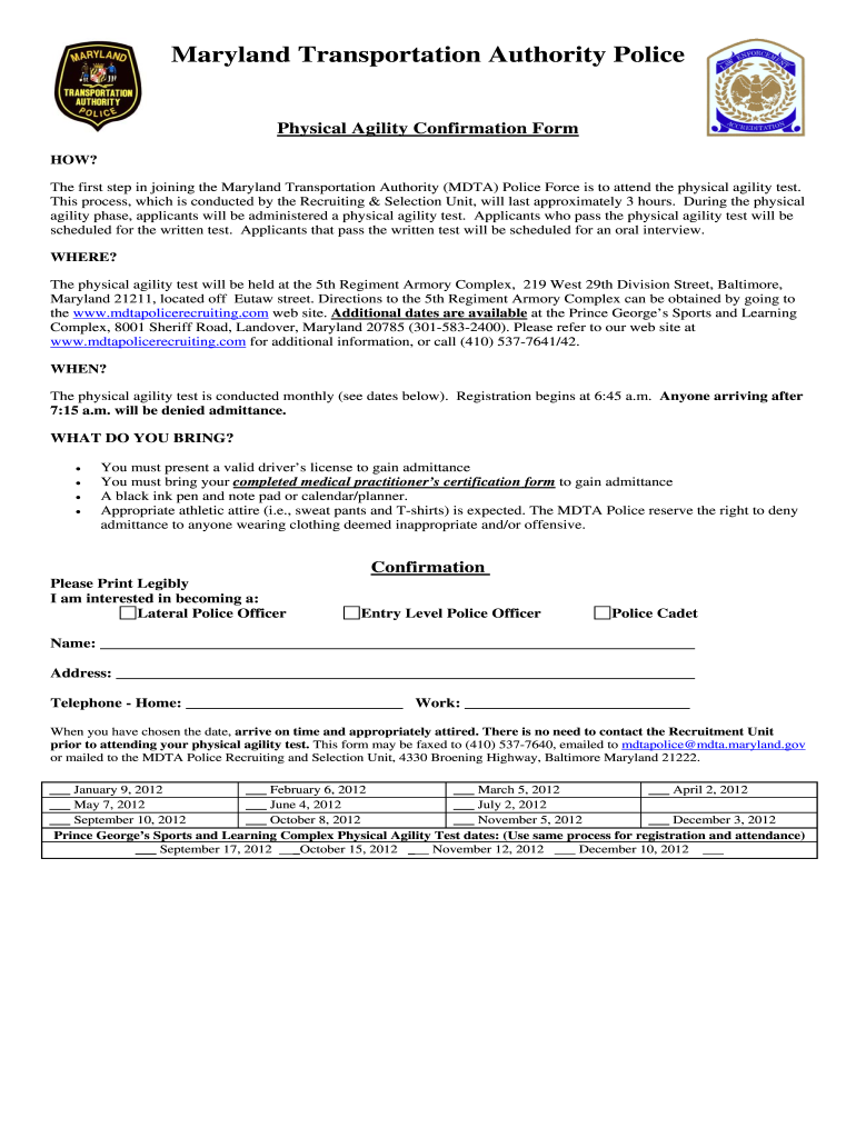  Physical Agility Test Confirmation Form 2012