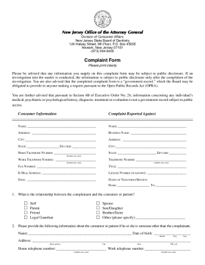 Nj Board of Dentistry Complaints  Form