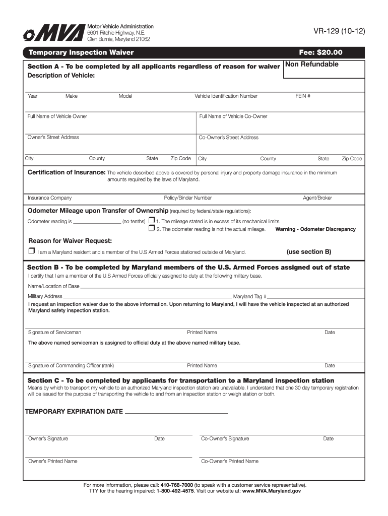  Md Mva Temporary Inspection Waiver  Form 2012