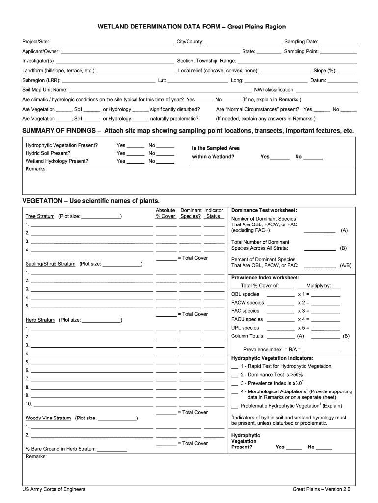 Wetland Determination Form Great Plains Region Fillable