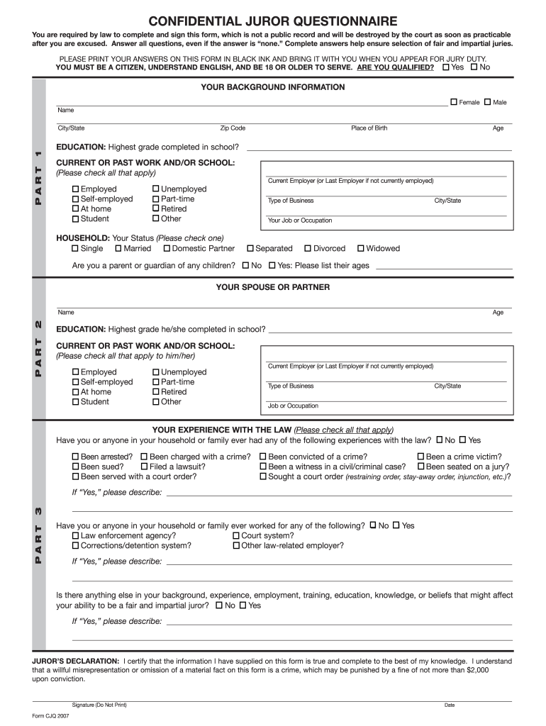  Jury Duty Massachusetts Questionnaire 2007-2024