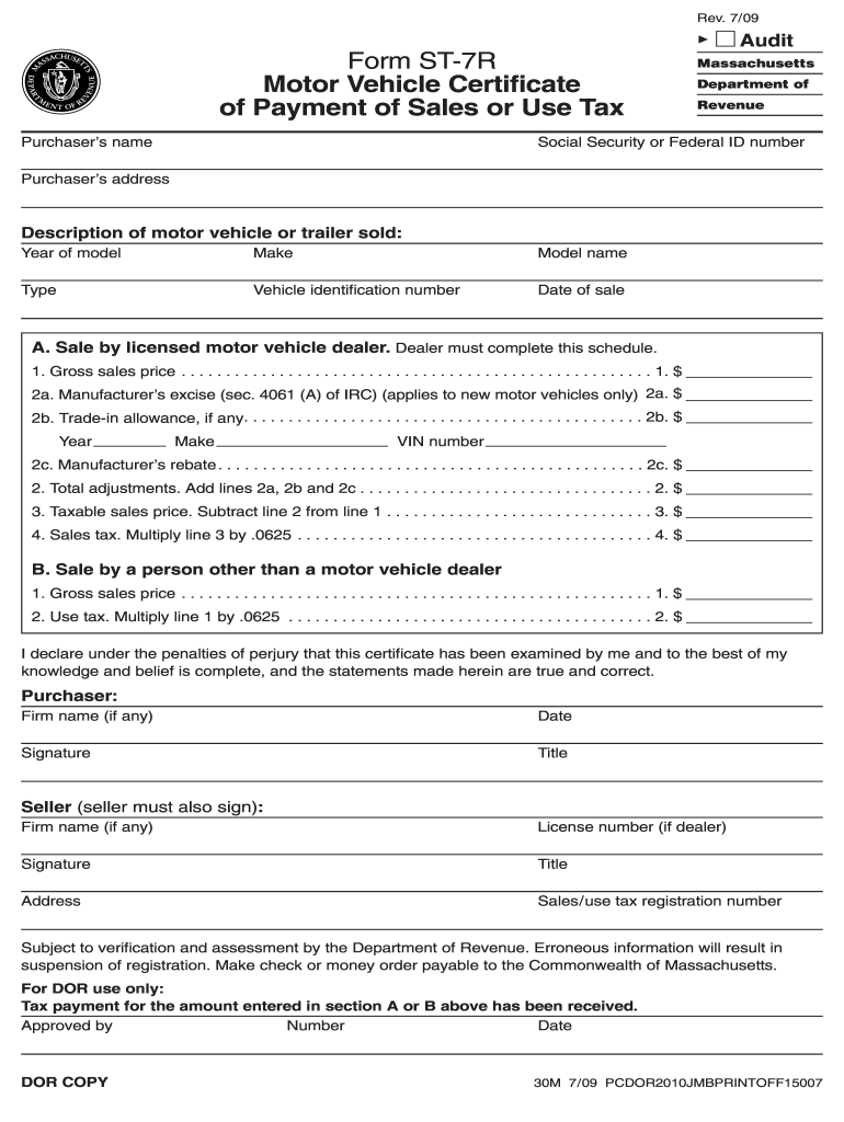  Form ST 7R Motor Vehicle Certificate of Payment of    Mass Gov 2009