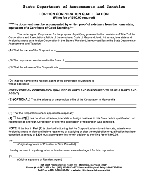 Foreign Corporation Qualification Form State Department of Dat State Md