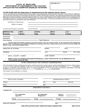 STATE of MARYLAND DEPARTMENT of ASSESSMENTS and TAXATION APPLICATION for EXEMPTION DISABLED VETERANS Dat State Md  Form