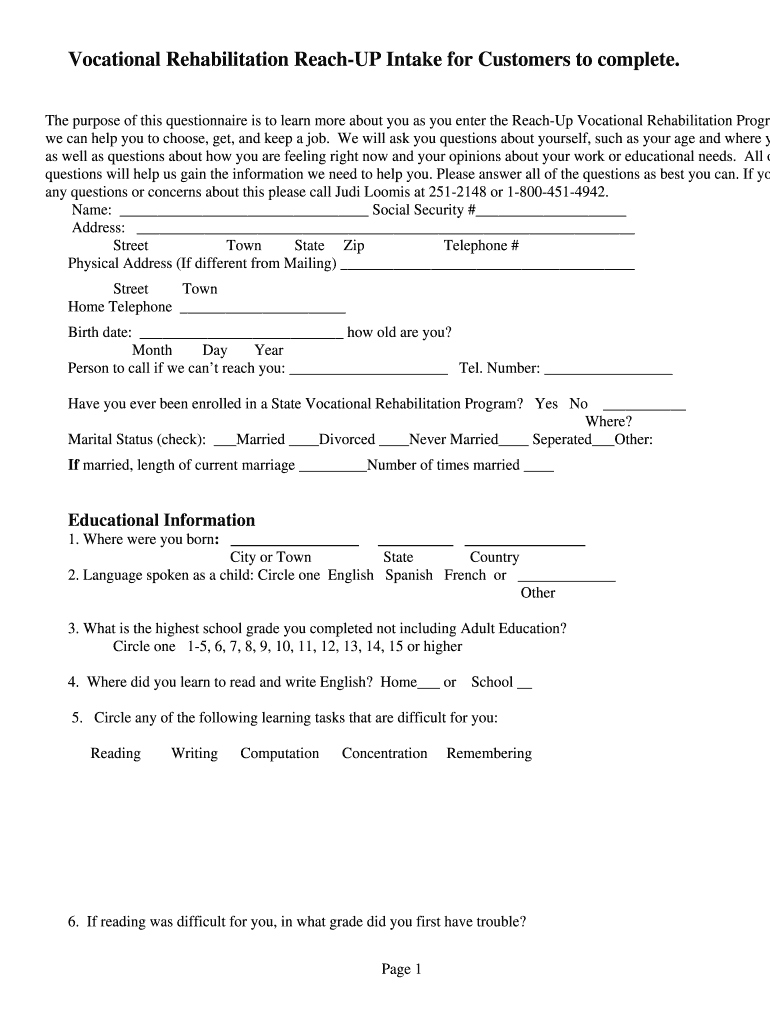 Vocational Rehabilitation Intake  Form