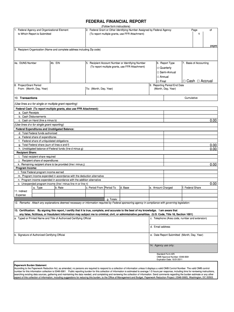425 Form Federal Financial Report